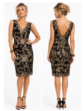 Tadashi Shoji Gold Embroidered Sheath Cocktail Dress Black Size 10